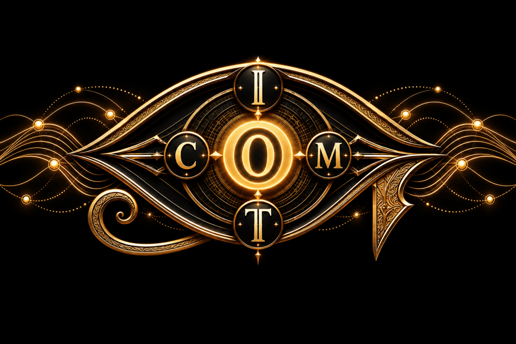 Gold Ornate Eye with flowing communication waves and connected points.