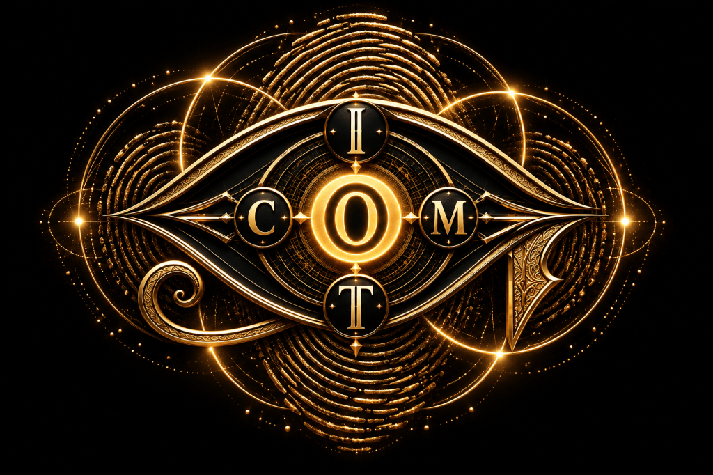 Gold Ornate Eye with fingerprint contours and connected rings representing identity and continuity.